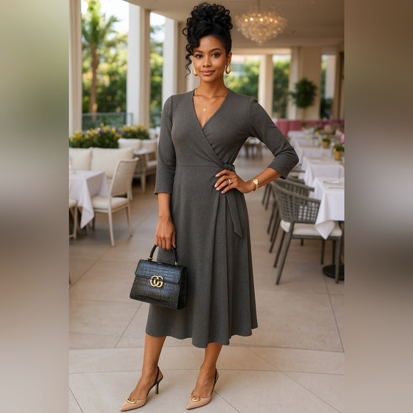 J. Jill Dresses & Skirts - Knit Wrap Dress Gray Minimalist Career Office Slip-On Pockets Soft Stretch Midi